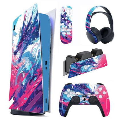 PlayVital Full Set Skin Decal for ps5 Console Digital Edition, Sticker Vinyl Decal Cover for ps5 Controller & Charging Station & Headset & Media Remote - Neon Dragoon - color: Neon Dragoon