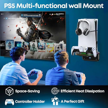 P S5 Wall Mount Kit with Cooling Fan and Charging Station Compatible with PS5/Slim/Pro Disc and Digital, PS Five Floating Shelf with 9 RGB Lights, PS5 Mount Behind TV, P5 Accessories for Gaming, Black - color: Black