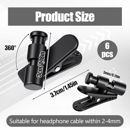 6 Pack Headphone Wire Clips, Rotatable Wire Clips Cable Cord Clamp Hooks Collar Clothing Clip Earphone Winder Earbud Cable Clip Clamp Hooks to Keep Microphone Cord for 2-4mmDiameter Round