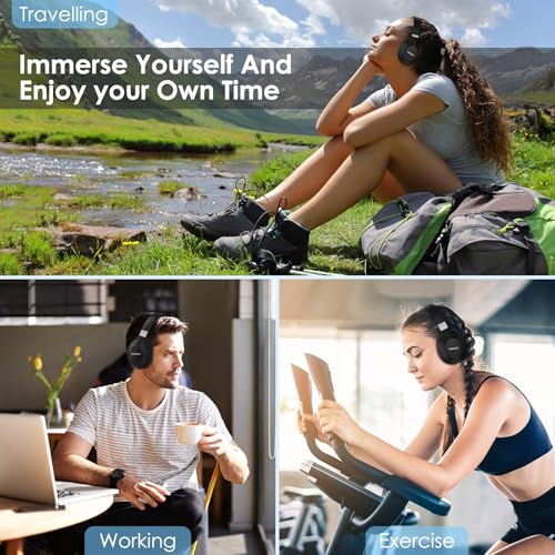 Active Noise Cancelling Headphones, Over-Ear Headphones Black | Wireless Blutooth Headphones with100H Playtime, Built-in Microphone, Lightweight & Foldable, Deep Bass for Work/Gym/Travel - color: Black