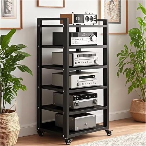 6 Tier Audio Rack Tower, CD Record Player Stereo Receiver AV Equipment Cabinet Display Rack, Weight Capacity 661 lbs, with Adjustable Wooden Shelves for Home (6 Tier Black) - size: 6 Tier Black