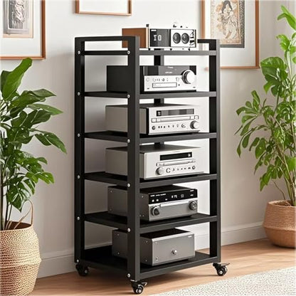 6 Tier Audio Rack Tower, CD Record Player Stereo Receiver AV Equipment Cabinet Display Rack, Weight Capacity 661 lbs, with Adjustable Wooden Shelves for Home (6 Tier Black) - size: 6 Tier Black