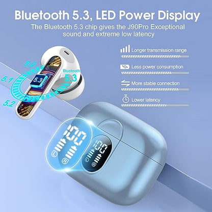 Wireless Earbuds 2024 Bluetooth 5.3 Headphones HiFi Stereo, 40H Playtime in-Ear Earbud, Bluetooth Earbuds with LED Power Display, IP7 Waterproof Wireless Earphones Sport Headset for Android iOS - color: Sky blue