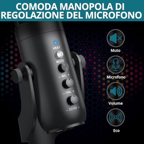 USB Condenser Microphone for Computer – Plug & Play PC Mic with Echo Mic Gain, Volume Control, and Mute Button – Cardioid Polar Pattern, Noise Cancelling, Headphone Output for Gaming, Streaming