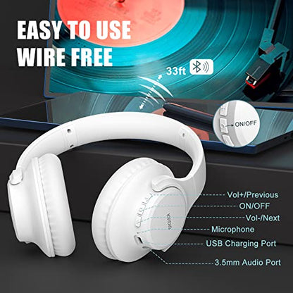 KVIDIO Bluetooth Headphones Over Ear, 65 Hours Playtime Wireless Headphones with Microphone, Foldable Lightweight Headset with Deep Bass, HiFi Stereo Sound Low Latency for Laptop PC Cellphone - color: White