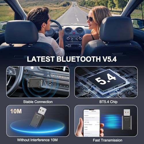 USB Bluetooth 5.4 Adapter for Car, Bluetooth Music Receiver Plug & Play, 3.5mm AUX Jack Car Kit Built-in Microphone for Hands-Free Calling Compatible with Speakers/Home Stereo,USB-Powered