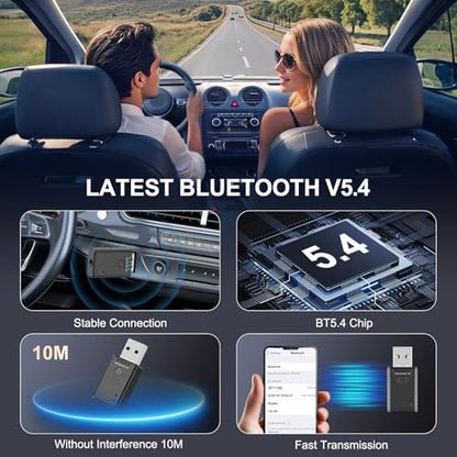 USB Bluetooth 5.4 Adapter for Car, Bluetooth Music Receiver Plug & Play, 3.5mm AUX Jack Car Kit Built-in Microphone for Hands-Free Calling Compatible with Speakers/Home Stereo,USB-Powered