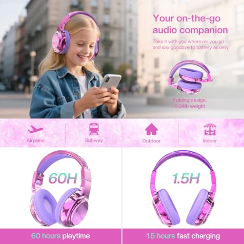 QearFun Kids Bluetooth Headphones, 60H Playtime, 74/85/94dB Volume Limit | For school, tablet, travel, kids wireless headphones feature HD mic, fast charging, foldable design, boys girls, wired mode - color: A-Purple