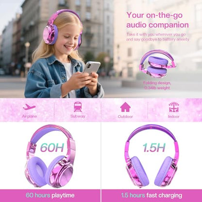 QearFun Kids Bluetooth Headphones, 60H Playtime, 74/85/94dB Volume Limit | For school, tablet, travel, kids wireless headphones feature HD mic, fast charging, foldable design, boys girls, wired mode - color: A-Purple