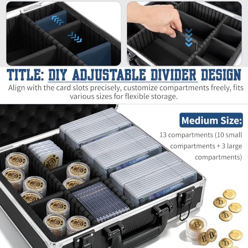 Aluminum Storage Case with Adjustable Dividers, Multi-Function Lockable Storage Carrying Case for Graded Card, Barber Tools, Makeup Tools, etc (Large) ﻿ - size: L 15'' X W 13' X H 5''
