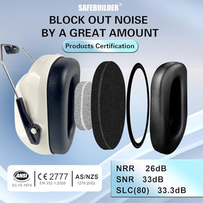 SAFEBUILDER Ear Muffs Noise Reduction SNR 33dB Adjustable Lightweight Safety Earmuffs Sound Proof Noise Cancelling ANSI - color: 1-white