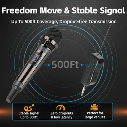 Wireless Microphones for Karaoke Singing, Professional Dual Cordless Mic System , 500ft Long Range Dual Handheld Cordless& LED Display, Dynamic Karaoke Microphone for Singing, DJ, Church, Party