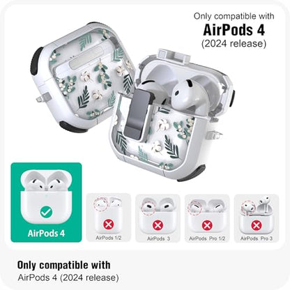 WENEW Case for AirPods 4th Case Cover Secure Lock Automatic Snap Switch Clip Cleaner Kit Lanyard Women Stylish Flower Armour Hard Shell Full Body Front LED Visible (Green Leaves, AirPods 4th) - color: Green Leaves, size: AirPods 4