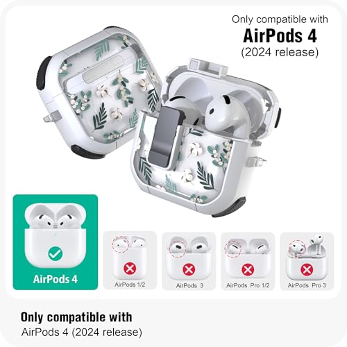 WENEW Case for AirPods 4th Case Cover Secure Lock Automatic Snap Switch Clip Cleaner Kit Lanyard Women Stylish Flower Armour Hard Shell Full Body Front LED Visible (Green Leaves, AirPods 4th) - color: Green Leaves, size: AirPods 4