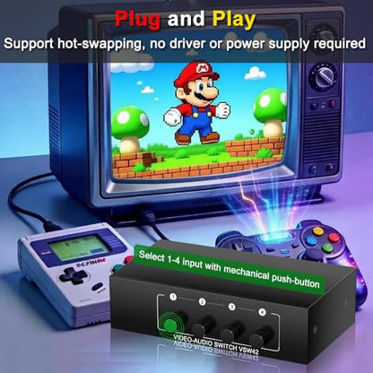 4 in 2 Out RCA AV Switch Composite Video Stereo Audio Switcher | Composite Video L/R Audio Selector Box, For VCR/DVR/DVD Player/Retro Game Consoles, Metal Housing, No Need Power, Plug & Play