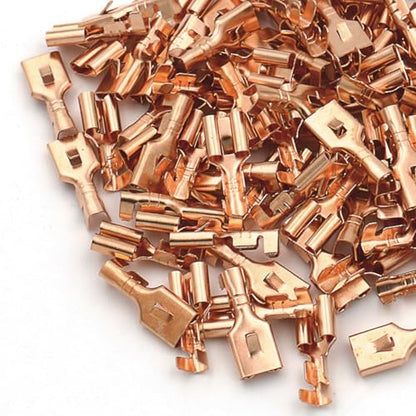 BAOMAIN 100pcs 4.8mm 0.187" Female Spade Connector Non-Insulated Terminals | Copper 0.187" Non-Insulated Female Connectors with Locking Tab for 18-16 AWG Wire,Ideal for Automotive & DIY Projects