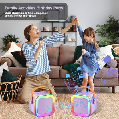 Kids Karaoke Machine Toy Ages 3-12, 2 Wireless Mics BT Speaker, Purple | Voice Changer, LED Party Lights, Duets, BT 5.3, Mini Rechargeable Portable, Christmas Birthday Gifts for Toddler Boys & Girls - color: Purple - 2