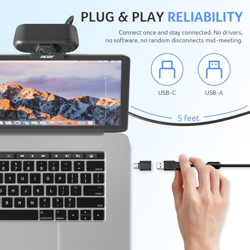 Acer A640 4K Webcam for PC with Sony Sensor PDAF Autofocus AI Noise Canceling Mic 2K 1080P/60fps USB A to C Adapter Computer Camera for Gaming Streaming Meetings Switch 2 Camera Teams Zoom Facetime - color: Deep Black