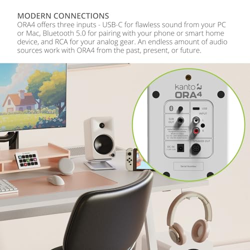 Kanto ORA4MW Pro Audio Bluetooth Desktop Speakers - Matte White Pair S6W Angled Desktop Speaker Stands for Large Speakers - White Pair (2024) - size: ORA4 MW, style: S6W