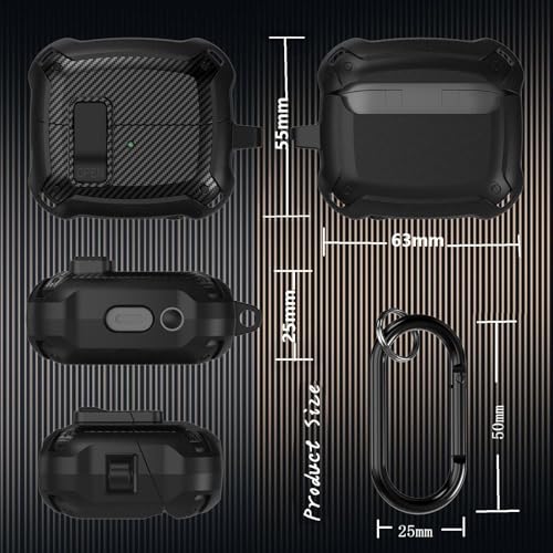 Compatible Samsung Galaxy Buds 3 Pro Case/Bud3 Cover Lock Clip for Men, Military Shell Galaxy Buds Pro 3/ Bud 3 Protective Armor Skin with with Cleaner Kit & Carabiner, Black - color: Black