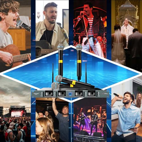 Wireless Microphone System, 4-Channel UHF Wireless Mic Set with 2 Handheld Mics, 2 Bodypack Mics, 328Ft Range, 4x60 Frequencies, Metal Cordless Microphone for Singing, Church, Karaoke