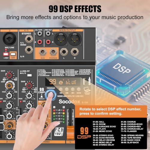 5 Channel Audio Mixer with Bluetooth & 99 DSP Effects for Streaming | 48V Phantom, 3-Band EQ, USB Rec, Stereo Inputs, Low Noise, Gain Control,Headphone Jack for Podcast, Church, Karaoke, Live