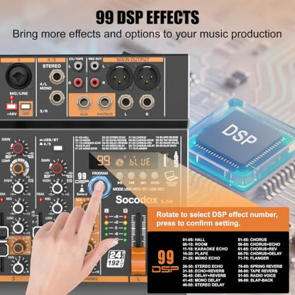 5 Channel Audio Mixer with Bluetooth & 99 DSP Effects for Streaming | 48V Phantom, 3-Band EQ, USB Rec, Stereo Inputs, Low Noise, Gain Control,Headphone Jack for Podcast, Church, Karaoke, Live