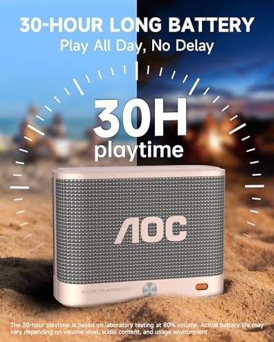 AOC Portable Bluetooth Speaker, Shower Speaker, BT 5.4 with Wireless Stereo Pairing, BassUp, IP65 Waterproof, Dustproof, 30-Hour Playtime, Compact Small for Home, Outdoors, Travel, White
