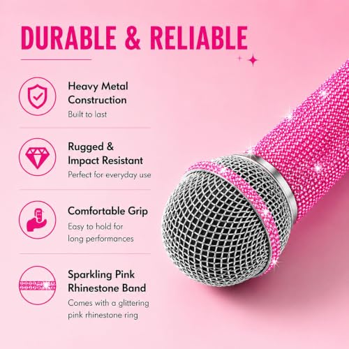 Pink Wired Karaoke Microphone with Rhinestones Sleeve Decoractive | Sparkly dynamic mic for karaoke, singing, parties and speeches with 11.5 ft XLR cable, 6.35mm plug and 3.5mm adapter