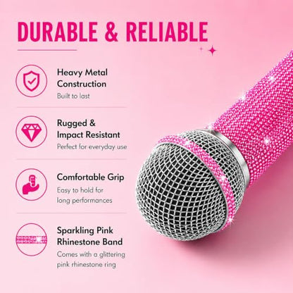 Pink Wired Karaoke Microphone with Rhinestones Sleeve Decoractive | Sparkly dynamic mic for karaoke, singing, parties and speeches with 11.5 ft XLR cable, 6.35mm plug and 3.5mm adapter