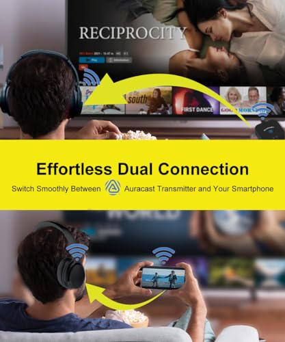JM320 Wireless TV Headphones with BA210 v2 Auracast Transmitter | 2 Headphones Share 1 Transmitter | Plug & Play | LE Audio, <40ms Latency | Up to 300ft | 60-Hour Battery | Optical, AUX & RCA - style: 2 Headphones 1 Transmitter