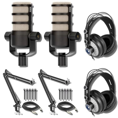 Rode PodMic (Pair) Dynamic Podcast Mic Bundle with 2X BOOMARM1 Boom Arms, 2X Cans50 Headphones, 2X 10-Ft XLR — Two-Host XLR Studio Mic for Podcasting, Co-Host Shows, Interviews, Voice Over
