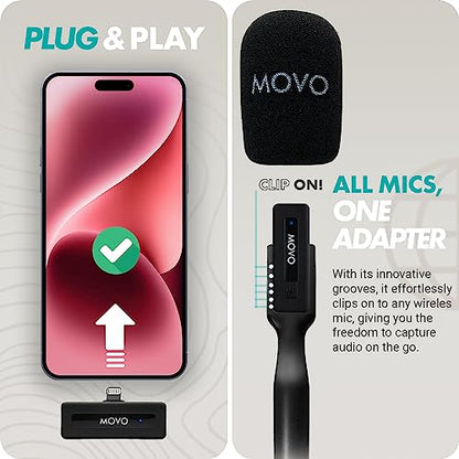 Movo Wireless Mini DI Ultra Compact Wireless Lavalier Microphone for iPhone with WMX-HM Handheld Adapter - Lapel Mic with Handle Mount for Content Creators, Interviews, Reporting and More