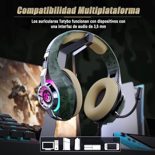 Tatybo Gaming Headset for PS5 PC, Noise Canceling Mic, RGB, Camo | Over Ear, Deep Bass Stereo Sound for FPS, Battle Royale, Lightweight for Xbox, PS4, Mobile, Nintendo, 3.5mm Devices - color: Camo