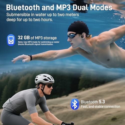 Swimming Headphones, IP68 Waterproof Bone Conduction Headphones, Bluetooth 5.4 Sport Open Earphones with MP3 Mode 32GB Memory, Wireless Swimming Headphone Underwater for Running, Cycling