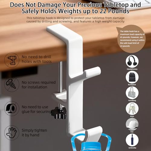 Desk Mount Bag Holder Hook Clamp, Bag Hook 1 Pcs-Double Hook White | Portable Purse Hook for Table, Reduce Desk Clutter, Desk Mount Headphones Holder, Backpack Hanger, Table Hanging Storage - color: 1 Pcs-Double Hook White