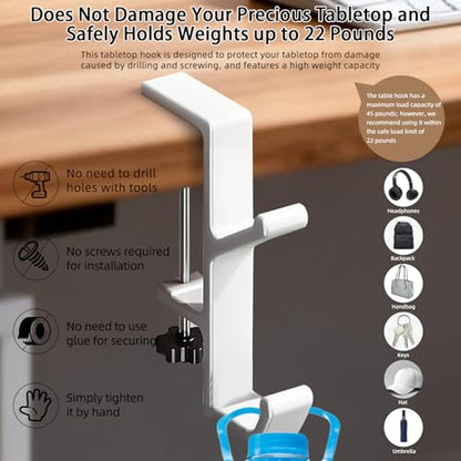 Desk Mount Bag Holder Hook Clamp, Bag Hook 2 Pcs-Double Hook White | Portable Purse Hook for Table, Reduce Desk Clutter, Desk Mount Headphones Holder, Backpack Hanger, Table Hanging Storage - color: 2 Pcs-Double Hook White