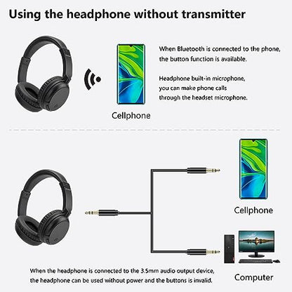 Wireless Bluetooth Headphone Over Ear, Bluetooth Transmitter for TV,PC,3.5mm Audio Device, Wired and Wireless Headset (Black) - color: Black