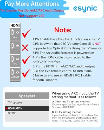 eSynic 192KHZ eARC to Optical Converter-5 ft Long Compact Cable Designed | USB Powered-Dolby5.1/DTS 5.1/PCM 2.0 Formats-For HDTV ARC & eARC Port to Optical Soundbar-Make Sure CEC is Enabled on your TV - size: 5 ft Cable Long