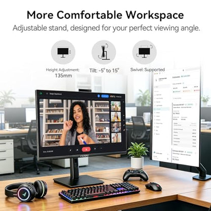 CUNPU 27 Inch Monitor with Camera, Computer Monitor with Built-in 5MP 2K Webcam and Stereo Mic & Speakers, QHD 1440P Vertical Monitor for Video Conferencing, HDMI, DP1.4 Port, Swivel Pivot Adjustable