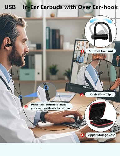 TOPAUX USB Headphone Over-Ear Hook 2.5M 8.2FT Computer Headset Black | Mute Mic USBA Earphone in-Ear Noise Canceling Wired Earbuds for Chromebook/Notebook/Teams for Zoom Office Laptop Desktop PC