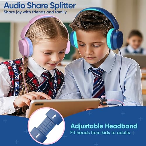 Kids Wired Headphones for School, 2-Pack with Sharing Splitter | Stereo sound, Comfortable over-ear fit, Foldable design, Tangle-free 3.5 mm cable, Ideal for tablets, laptops and computers - color: Blue+Pink