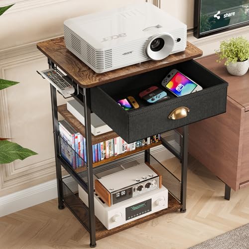 Hongtamoya 4-Tier AV Media Stand with Drawer, Gaming Console Shelf | Audio Rack Tower with 2 Hooks for PS5, Xbox, Switch, DVD Player, Record Player, Projector and TV Accessories Storage