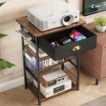 Hongtamoya 4-Tier AV Media Stand with Drawer, Gaming Console Shelf | Audio Rack Tower with 2 Hooks for PS5, Xbox, Switch, DVD Player, Record Player, Projector and TV Accessories Storage