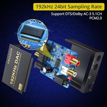 PROZOR 192kHz Digital to Analog Audio Converter - Converts Dolby AC-3 DTS 5.1CH Digital Audio to Stereo Analog Output, Optical to L/R DAC Decoder, DAC Converter SPDIF TOSLINK to Stereo L/R & 3.5mm - style: DAC Dolby Digital & DTS 5.1CH Input Support