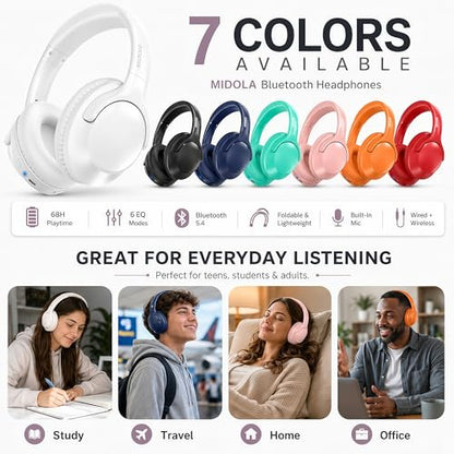 MIDOLA Bluetooth Headphones Wireless 68H with Mic,Decent Sound-Acceptable | Adjustable Headband Foldable Over-Ear Lightweight Headsets for Toddler Girls Boys Tablet/iPad,HD Stereo,Built-in Mic,White - color: White
