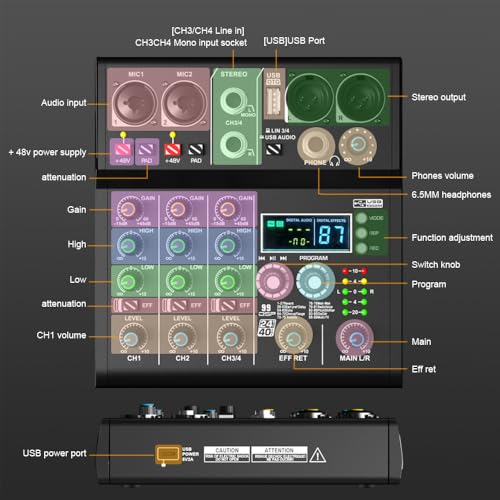 XR-4 4 Channel Small Audio Mixer Bluetooth Playback DJ console | 99 DSP sound effects, +48V phantom power, USB recording, portable design for karaoke and live performance