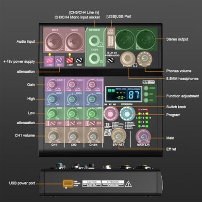 XR-4 4 Channel Small Audio Mixer Bluetooth Playback DJ console | 99 DSP sound effects, +48V phantom power, USB recording, portable design for karaoke and live performance