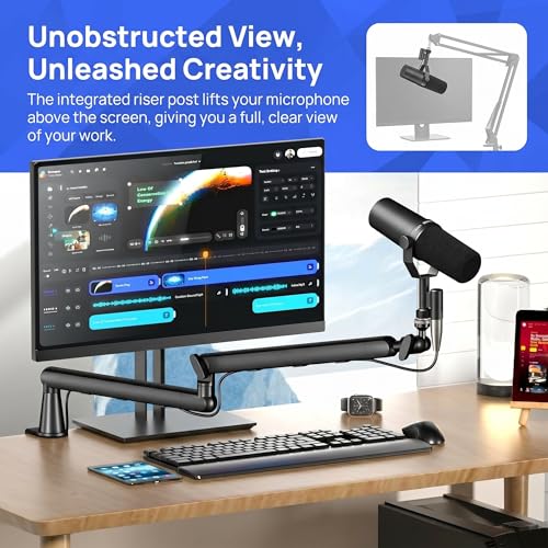 Dual Microphone Boom Arm Stand with Desk Clamp Mount, 2KG Load Capacity, Cable Management, Adjustable Articulating Arm, Black