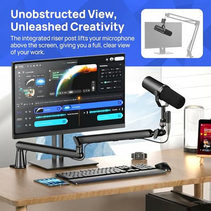 Dual Microphone Boom Arm Stand with Desk Clamp Mount, 2KG Load Capacity, Cable Management, Adjustable Articulating Arm, Black
